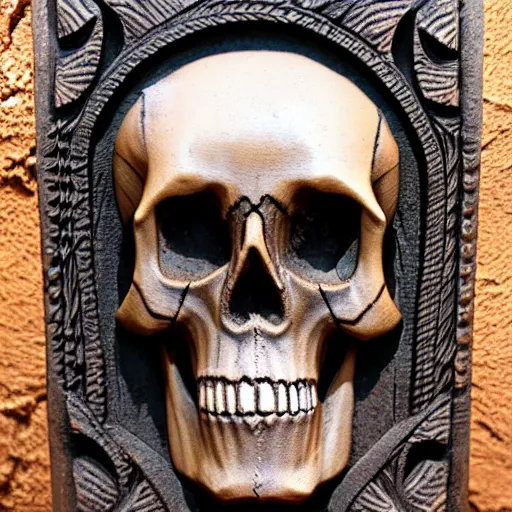 Image similar to rustic antiqued carving, gothic bas relief of skull with decorative tribal design, textured 3 d, intense detail, hyperealism, 4 k