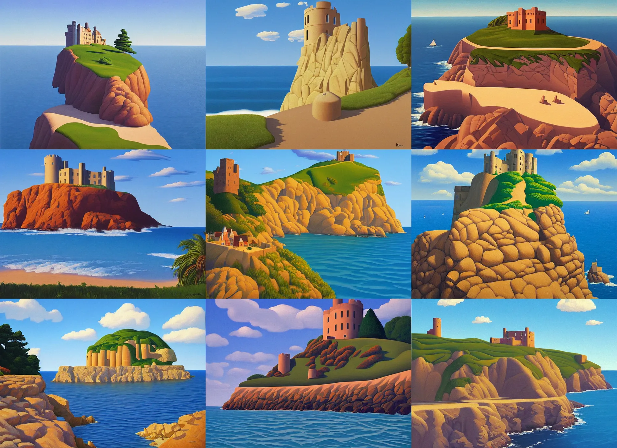 Prompt: cliffside castle by the ocean, blue sky, summer evening, a painting by kenton nelson