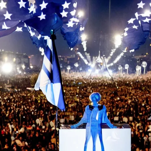 Image similar to Lady Gaga as president, Argentina presidential rally, Argentine flags behind, bokeh, giving a speech, detailed face, Argentina