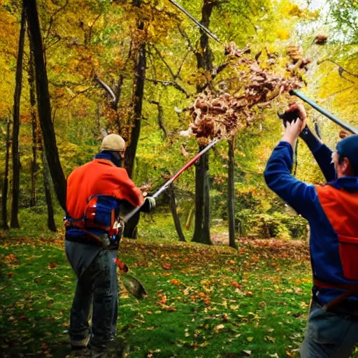 Image similar to men with leaf blowers fighting the falling leaves in a forest