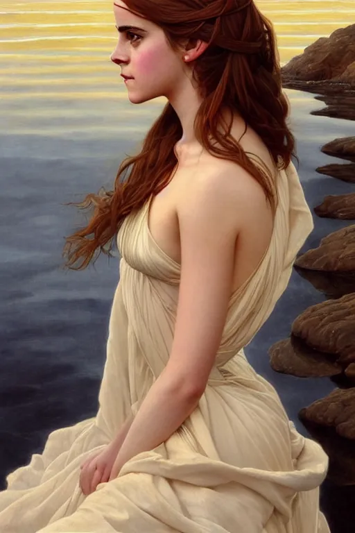 Prompt: a emma watson wearing a dress emerging from the water, oil on canvas, symetrical, 4 k, symetrical, sensuality, hyper realistic, artstation, by j. c. leyendecker and edmund blair leighton and charlie bowater, instagram photo