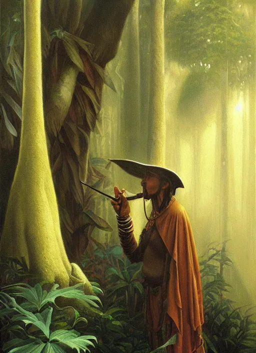 Image similar to a beautiful painting of a shaman in the jungle sniffing tobacco snuff, art by christophe vacher