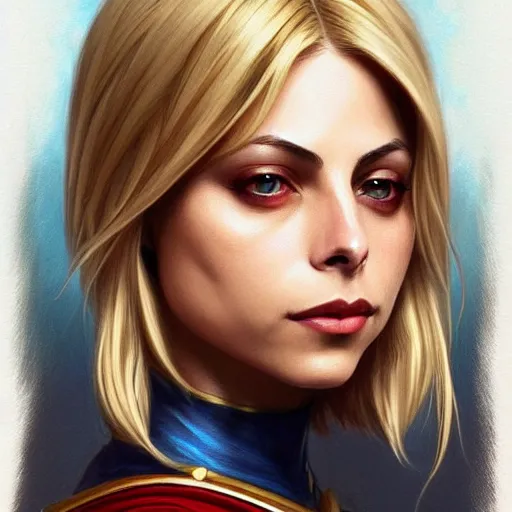 Prompt: Willa Holland with blonde hair as Super Girl, western, D&D, fantasy, intricate, elegant, highly detailed, digital painting, artstation, concept art, matte, sharp focus, illustration, art by Artgerm and Greg Rutkowski and Alphonse Mucha