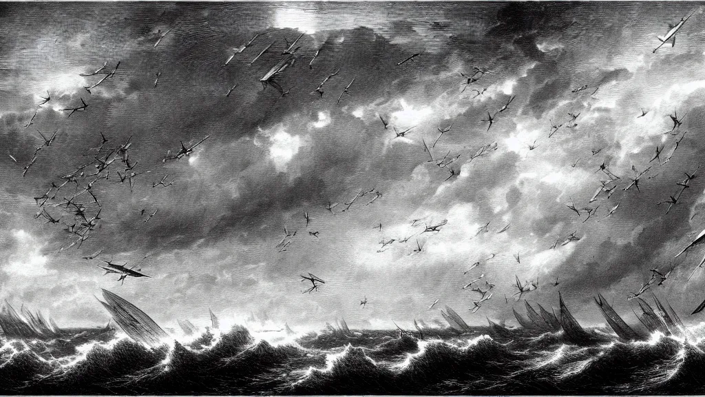 Image similar to drawing of seven ornithopters flying above a stormy ocean, by gustave dore, nineteenth century, black and white, vintage, science fiction, epic composition, dramatic lighting, highly detailed, cinematic