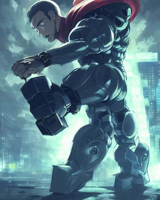 Image similar to gigachad luigi charging ultimate attack like one punch man wearing a suit in the city fighting a scifi mech, fantasy character portrait, ultra realistic, anime key visual, concept art, intricate details, highly detailed by greg rutkowski, ilya kuvshinov, gaston bussiere, craig mullins, simon bisley