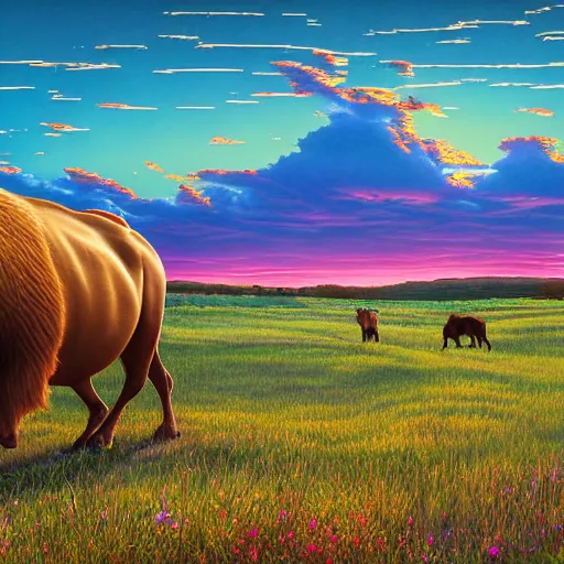 Image similar to a herd of bisons running in the prairie. epic sunset. a lone cowboy is riding on his horse following them. masterpiece. accidentally tripping on dmt and acid, psychedelic experience, overwhelming psychosis of self realization and burning awakening, ultra high definition, unreal engine 5, hyperrealism, masterpiece composition, by casey weldon, barclay shaw 8 k photorealistic