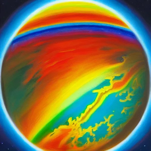 Image similar to view from space, rainbow rubber band ball planet, oil on canvas, portrait, intricate, 8 k highly professionally detailed, hdr, cgsociety