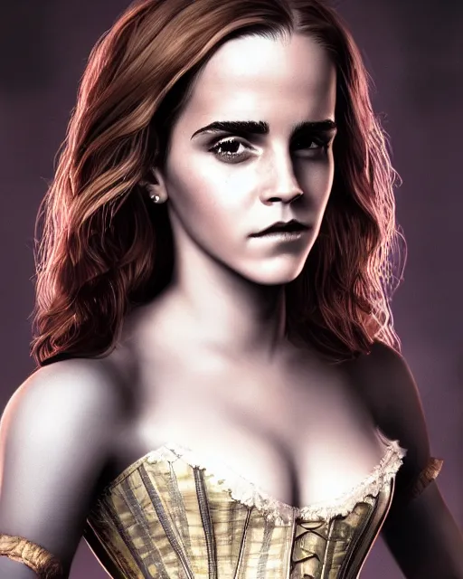 Image similar to full shot portrait painting of very beautiful emma watson standing as black maiden in stockings corset noir studio, character design by mark ryden and pixar, ue 5, daz, hyperrealistic, octane render, cosplay, rpg portrait, dynamic lighting, intricate detail, cinematic