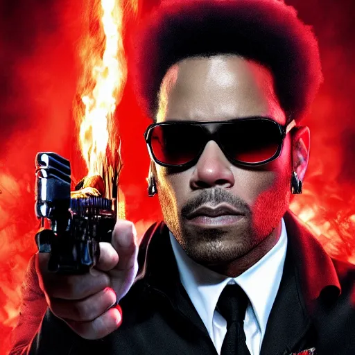 Image similar to men in black agent as lenny kravitz fighting aliens, dynamic movie still, detailed 8 k photorealistic portrait, imdb poster style