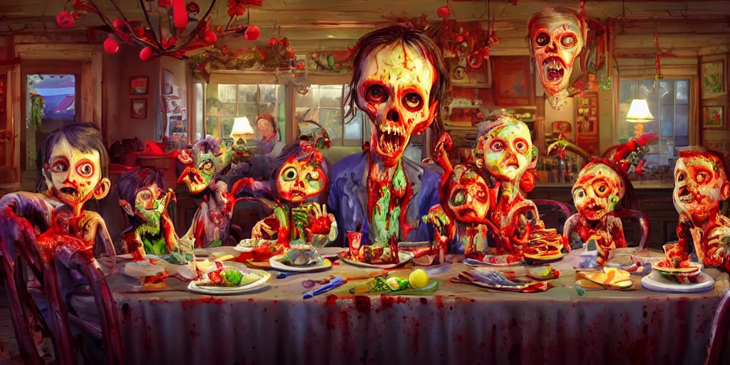 Image similar to a zombie family christmas diner, vivid colors, wide angle, super highly detailed, professional digital painting, artstation, concept art, smooth, sharp focus, no blur, no dof, extreme illustration, unreal engine 5, photorealism, hd quality, 8 k resolution, cinema 4 d, 3 d, beautiful, cinematic, art by tim burton