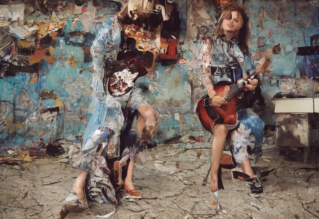 Image similar to hyperreal beautiful women playing guitar in front of a broken flat tv, 3 5 mm, cinestill, depth of field in the style of bruce weber