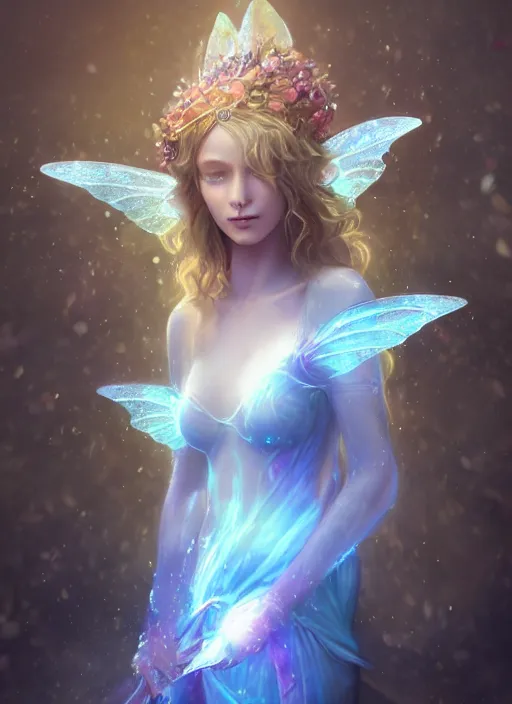 Prompt: beautiful beautiful full body portrait fairy faerie fey fae queen highly detailed CGsociety subtle enchanting alluring magical concept art volumetric lighting subsurface scattering unreal