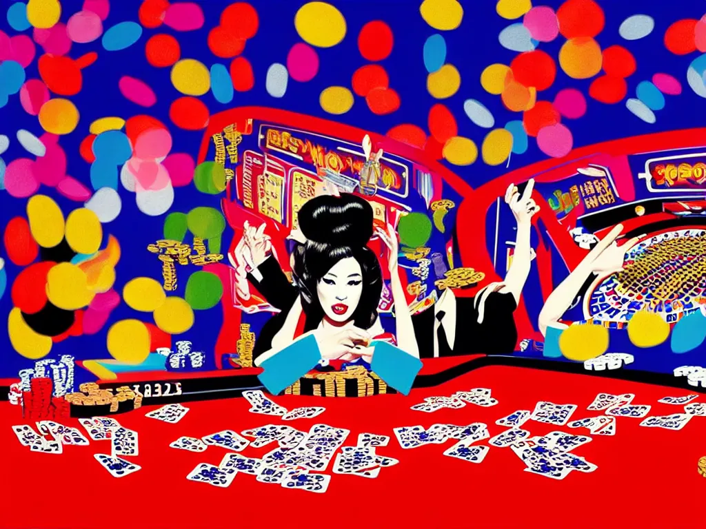 Image similar to hyper - realistic composition of a room in a casino with an extremely detailed poker table, croupier in kimono standing nearby fireworks in the background, pop art style, jackie tsai style, andy warhol style, acrylic on canvas