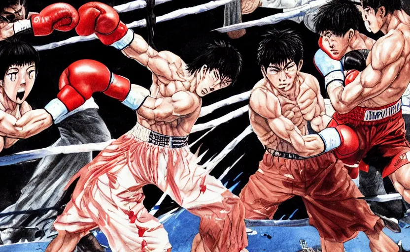 Prompt: a violent boxing match, a boxer punches a boxer in the face, anime, manga panel, masterpiece, by joji morikawa, by kentaro miura, by yukito kishiro, by hayao miyazaki, 4 k wallpaper, bloody, sweaty, hajime no ippo manga inspired