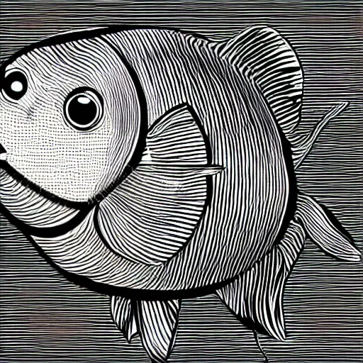 Image similar to worried humanoid fish sitting in front of a computer, black and white, adobe illustrator art