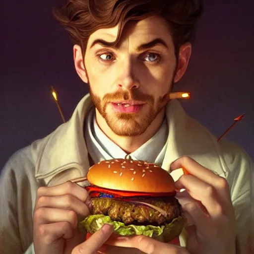 Image similar to portrait of pinocchio eating giant hamburgers, ethereal, handsome, d & d, fantasy, intricate, elegant, highly detailed, digital painting, artstation, concept art, matte, sharp focus, illustration, art by artgerm and greg rutkowski and alphonse mucha