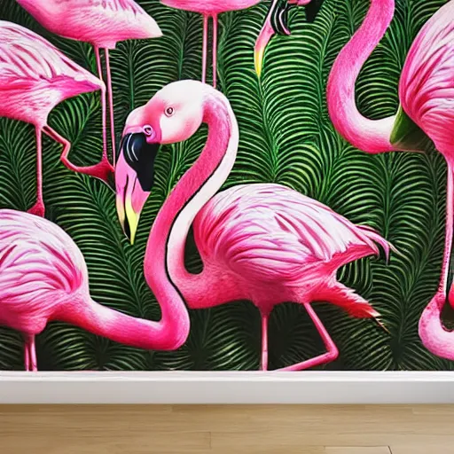 Image similar to hyper realistic portrait of pink flamingo in front banana plants and a flamingo print wall, 8 5 mm lens by annie leibovitz