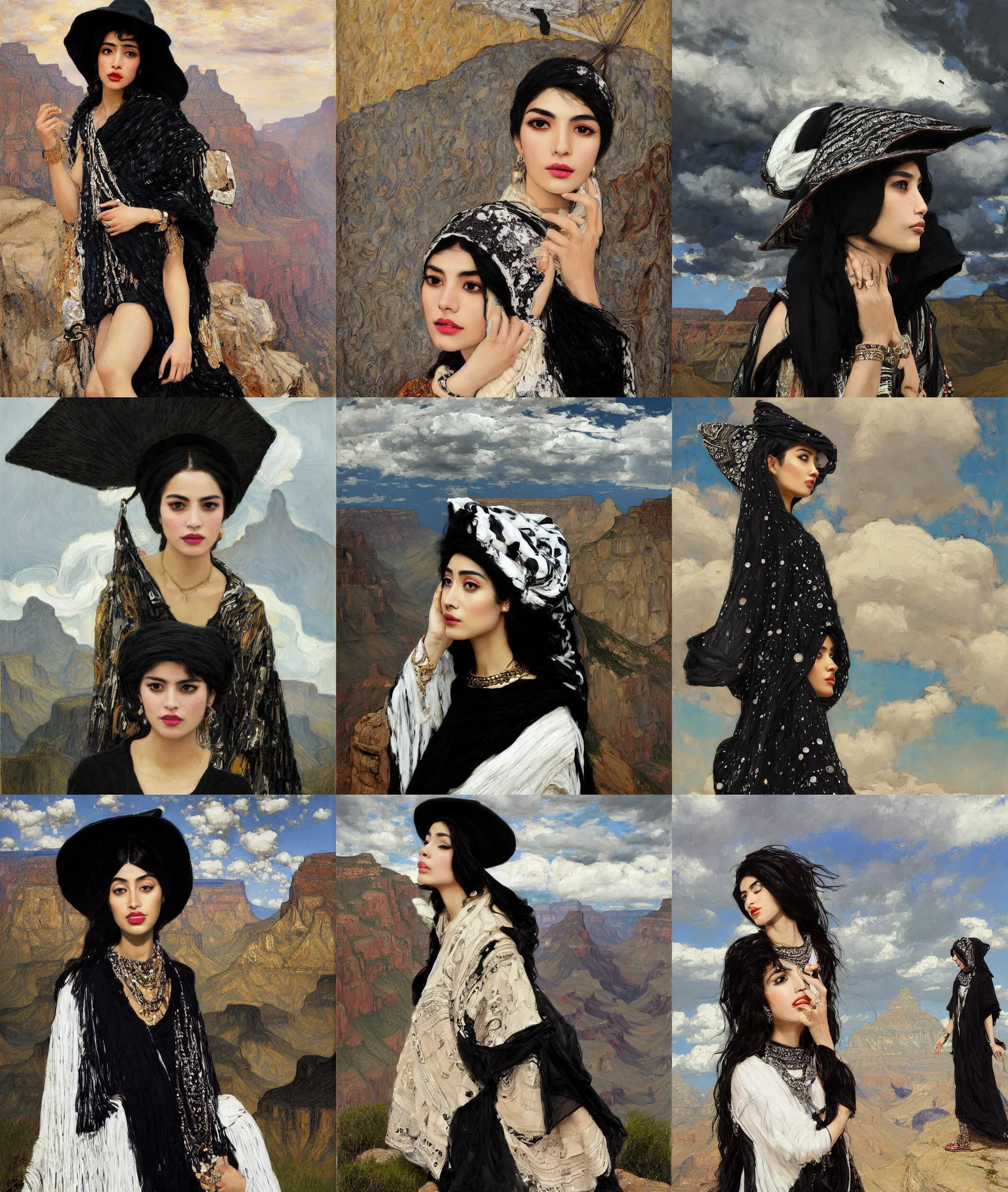 Prompt: portrait of single fashionable young iranian asian woman wearing rich jewerly hat and black and white boho poncho with, on extremely strong wind, in elegant decollete, dark make up, sitting dynamic pose, Low poly, thunder clouds in the sky, grand canyon, artwork by john william waterhouse and Denis Sarazhin and klimt and rhads and Dean Ellis and Detmold Charles Maurice, levitation, industrial rusty pipes, simple form, brutal shapes