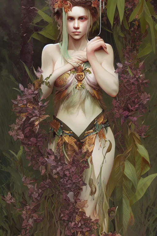 Prompt: full body portrait of forest queen akimbo highly detailed, digital painting, artstation, concept art, smooth and sharp focus, illustration, art by tian zi and wlop and alphonse mucha