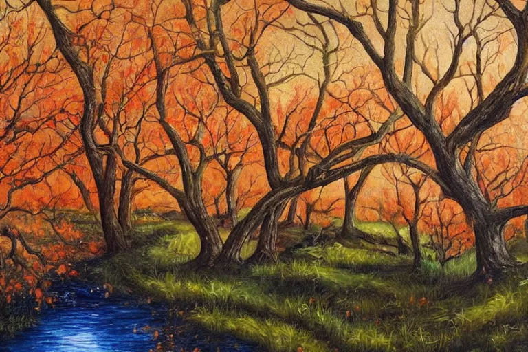 Image similar to masterpiece painting of oak trees on a hillside overlooking a creek, dramatic lighting, by kelly mckernan