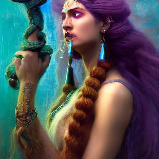 Image similar to unreal engine, octane render, 8 k birth of sumerian goddess inanna ishtar, ashteroth, techno mystic goddess princess intergalactica, with aqua neon rapunzel dreadlocks, mami wata, detailed, by gaston bussiere, bayard wu, greg rutkowski, giger, maxim verehin, greg rutkowski, masterpiece, sharp focus,