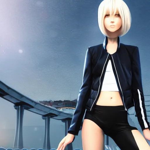 Prompt: platinum - blonde - haired long bob cut blue - eyed princess wearing white leggings and black jacket, standing next to communist monument, futuristic paris, anime, hd anime wallpaper, hyperrealistic lighting, octane render, volumetric lighting, drawn by artgerm