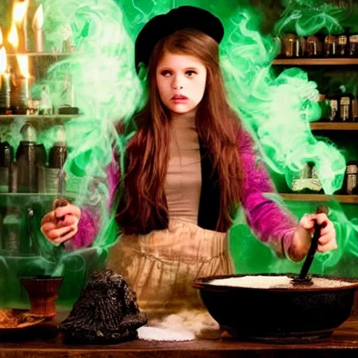 Image similar to teen witch mixing a spell in a cauldron, wispy smoke, studio photography, a black cat, green glowing smoke is coming out of the cauldron, ingredients on the table, apothecary shelves in the background, still from the tv show just add magic