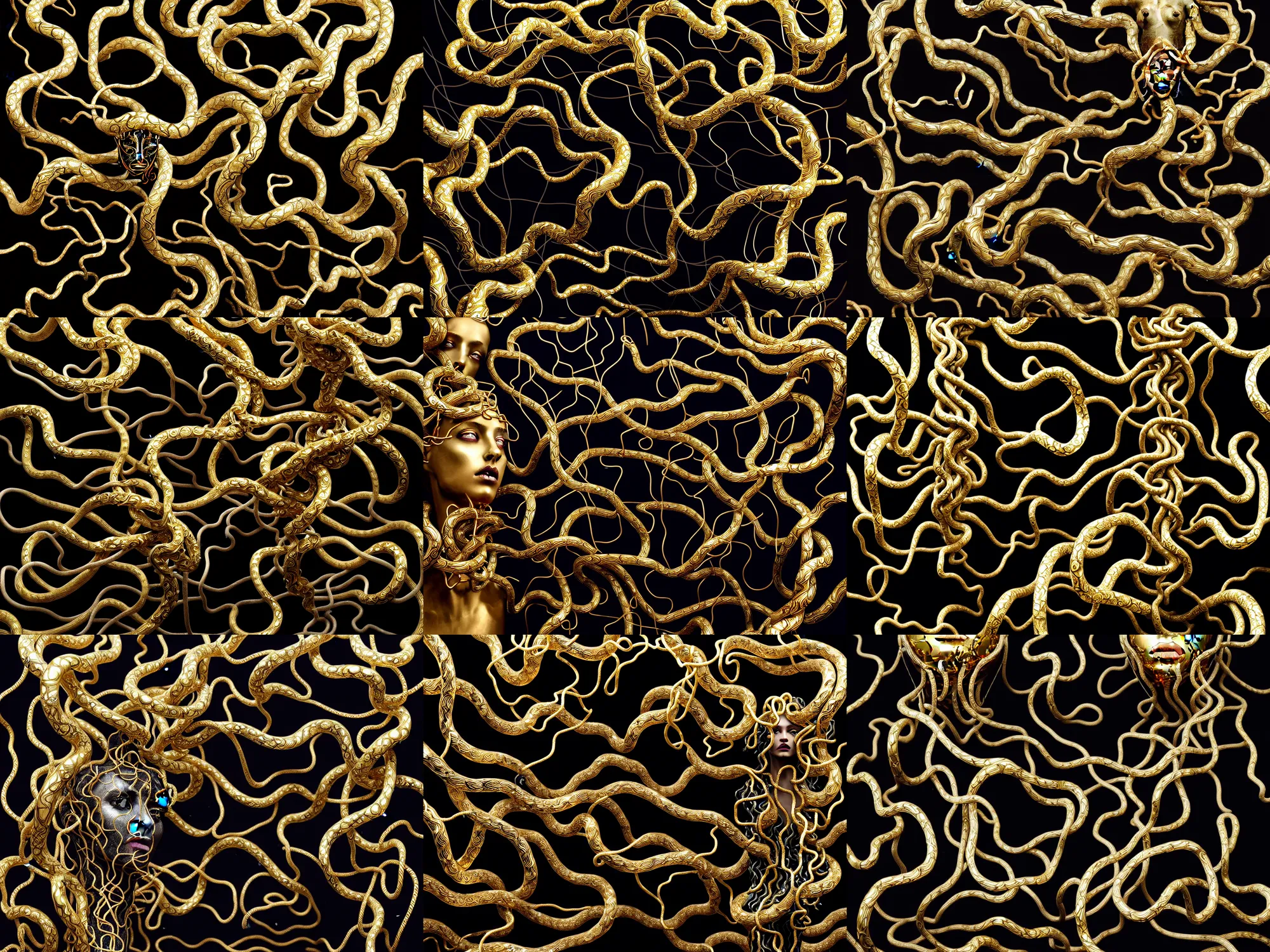 Prompt: medusa by billelis + gold and marble sculpture + gold filigree + kintsugi, vines dripping black iridescent liquid, moody, dramatic, introspective, marble columns in background, transcendent, vibrant color, clean linework, finely detailed, 4 k, trending on artstation, photorealistic, volumetric lighting, octane render