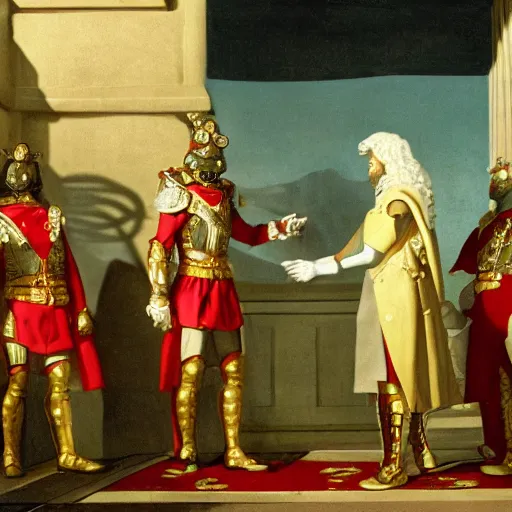 Prompt: The Duke of Mars receives the Marquis of Io in his palace, photorealistic, sci-fi