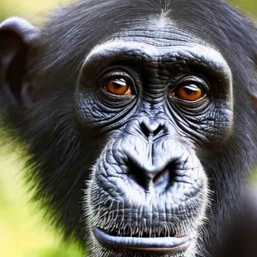 Prompt: A chimpanzee with huge thoughtful kind eyes.