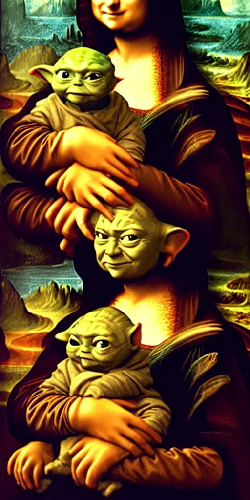 Image similar to the Mona Lisa holding Baby Yoda, painting in the style of the Mona Lisa