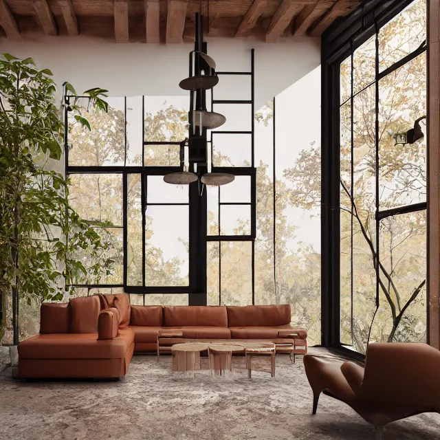 Image similar to post and beam a - frame interior, tall ceilings and loft, caramel leather couch, vintage fridge, large window in back with fall foliage, many plants hanging, marble countertops, spiral staircase, realistic, unreal engine render, octane render, hyper realistic, photo, 8 k