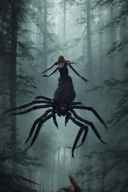 Prompt: a fancy portrait of a women standing before a giant spider in a dark forest by greg rutkowski, sung choi, mitchell mohrhauser, maciej kuciara, johnson ting, maxim verehin, peter konig, 8 k photorealistic, cinematic lighting, hd, high details, dramatic, atmosphereric, trending on artstation