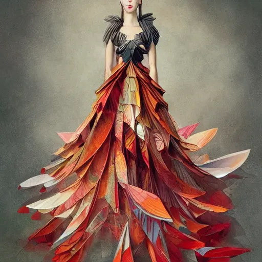 Image similar to full length view of a beautiful girl wearing an origami dress, hummingbirds, elegant, by esao andrews, by eiko ishioka, givenchy, by peter mohrbacher, centered, enchanting, floral ornamentic on cloth and hair, detailed beautiful face, high depth of field, origami, detailed fashion illustration, vogue, japanese, reallusion character creator