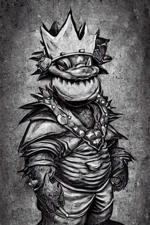 Image similar to bowser king koopa, portrait, full body, symmetrical features, silver iodide, 1 8 8 0 photograph, sepia tone, aged paper, master prime lenses, cinematic