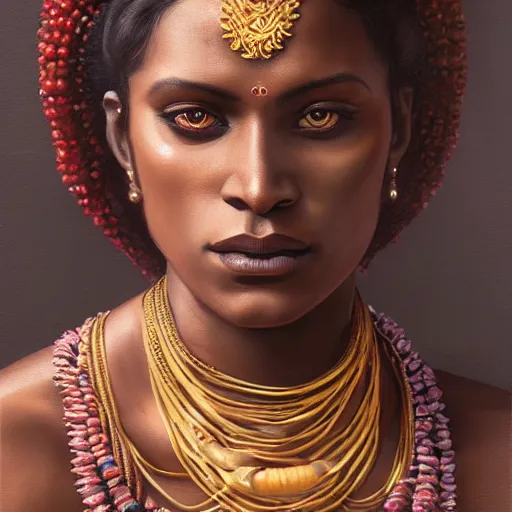 Image similar to portrait painting of a black muscular south indian woman, sari, ultra realistic, concept art, intricate details, eerie, horror, highly detailed, photorealistic, octane render, 8 k, unreal engine. art by artgerm and greg rutkowski and alphonse mucha