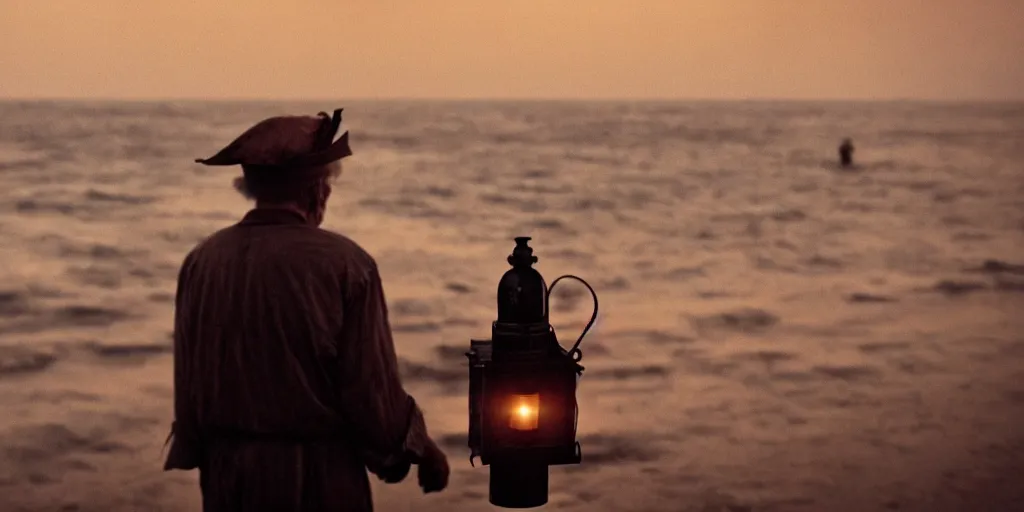 Image similar to film still of closeup old man holding up lantern by his beach hut at night. pirate ship in the ocean by emmanuel lubezki