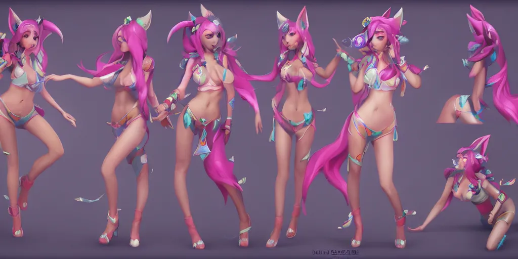 Prompt: Character sheet of pool party ahri (League of Legends). 3d octane render trending on artstation