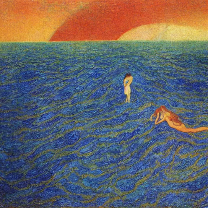 Image similar to close view of woman and man kissing at the edge of the ocean with tsunami great wave sun setting through the storm clouds. lapis - lazuli. iridescent, vivid psychedelic colors. painting by jean delville, ciurlionis mikalojus konstantinas, schiele, henri de toulouse - lautrec, utamaro, monet