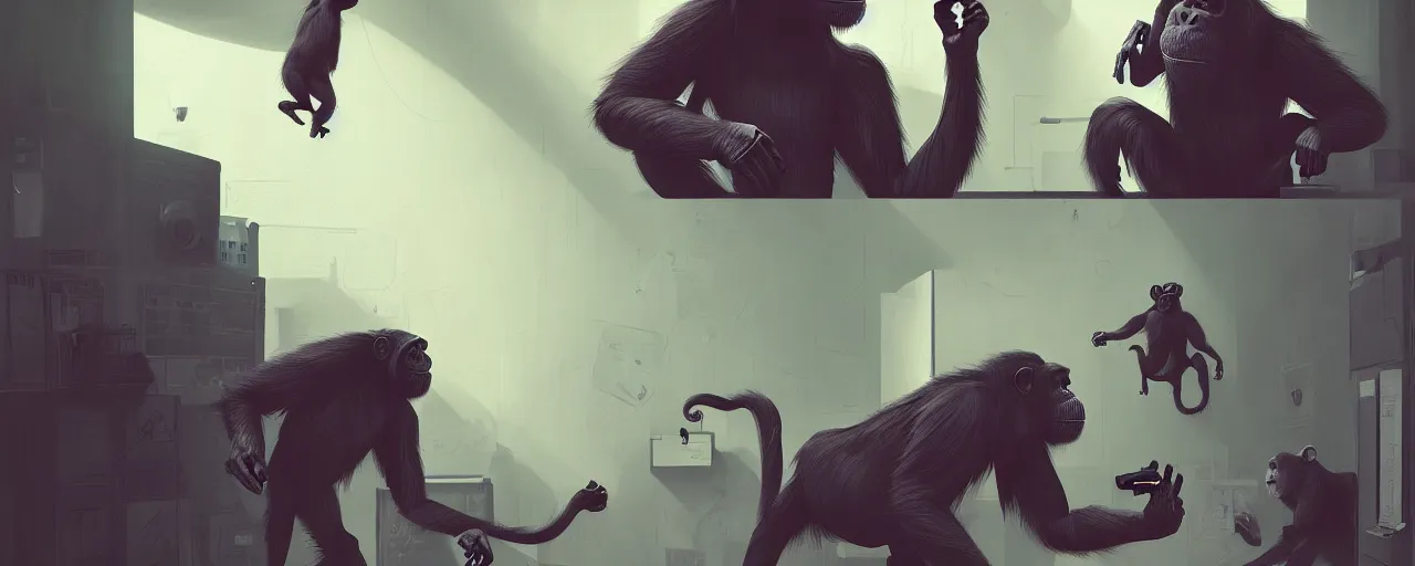 Image similar to duotone noir concept illustration of group wild and crazy chimps ruining inside of office rooms, octane render, concept hideo kojima surreal atmosphere, volumentric lighting. cosmic horror. accidental renaissance. by sachin teng and sergey kolesov and ruan jia and heng z. graffiti art, scifi, fantasy, hyper detailed. trending on artstation