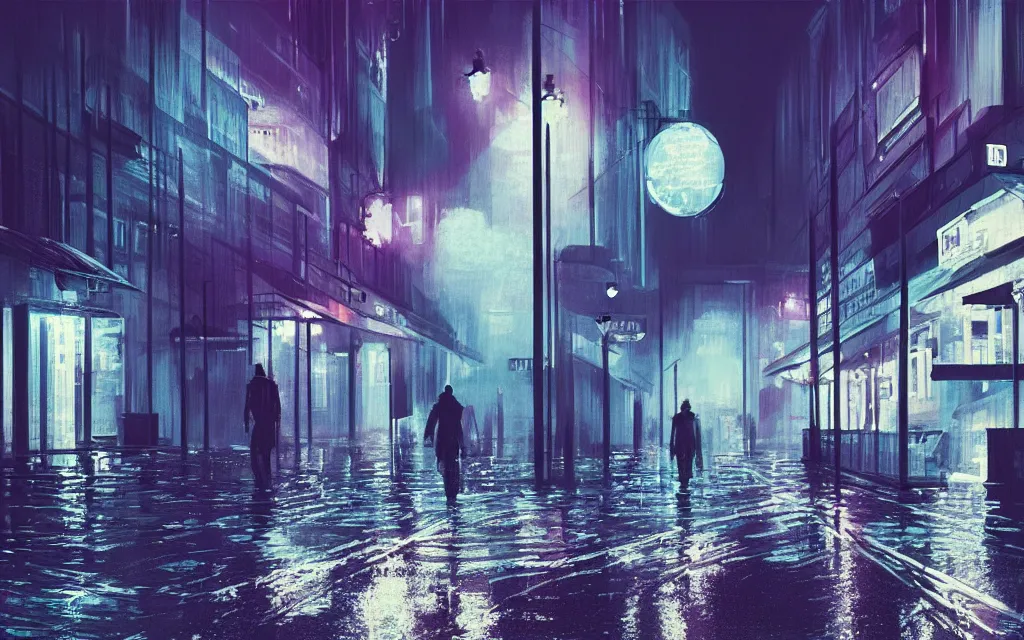 Image similar to concept art, wet helsinki street at night by roger deakins, in the style of syd mead and liam wong