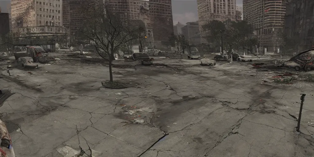 Prompt: zombie apocalypse, Chicago in ruins, sharpen, UHD, RTX, Ray tracing