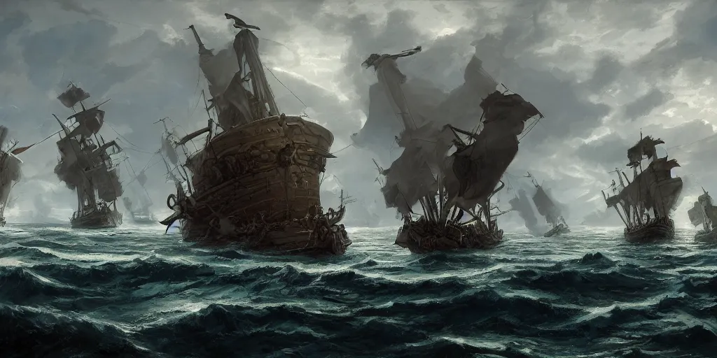 Image similar to a Viking ship winning a sea battle against a modern military ship, by Andreas Rocha + Ted Nasmith, dark, cinematic lighting, masterpiece, highly detailed, 8k resolution, trending on art station