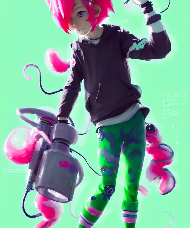 Image similar to a beautiful fullbody portrait of a cute splatoon anime boy with pink hair and green eyes wearing sports clothing leggings. character design by cory loftis, fenghua zhong, ryohei hase, ismail inceoglu and ruan jia. artstation, volumetric light, detailed, photorealistic, fantasy, rendered in octane