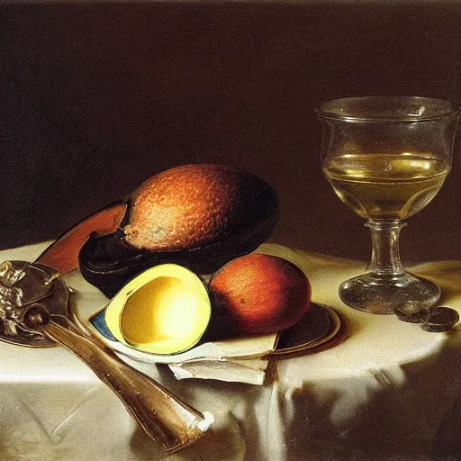 Image similar to still life by willem claesz heda, avocado toast, money