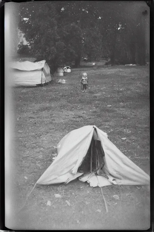 Image similar to photo polaroid of a sad and lonely child stands in the middle many tents of field hospitals, pandemic, covid,loneliness, black and white ,photorealistic, 35mm film,