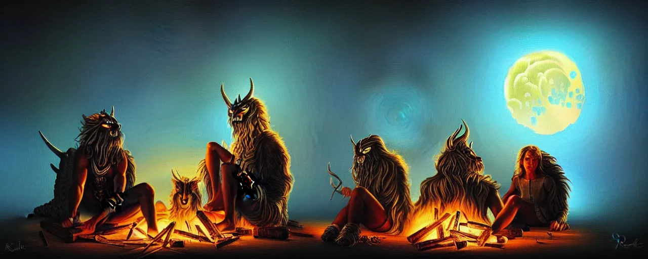 Prompt: uncanny bifrost mythical beasts of sitting around a fire under a full moon, surreal dark uncanny painting by ronny khalil