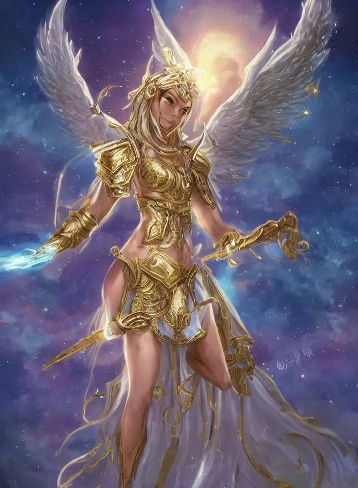 Image similar to hyper-realistic, divine, beautiful!!! anime, female angel, resembling Zoe Saldaña, wearing a ((((toga)))) & ornate, gilded! armor!! flying in the sky emitting a powerful, radiant, aura, holding a fire lance | world of warcraft, dungeons and dragons, medieval, fantasy, ethereal | drawn by WLOP, drawn by ross tran, drawn by clyde caldwell, drawn by julie bell, drawn by zeronis | photorealistic, insanely detailed, symmetrical, 4K HD wallpaper, portrait, character concept art, digital painting, highly detailed, sharp focus, unreal engine 5, cinematic, movie poster, dramatic