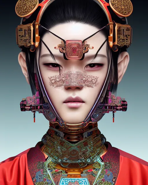 Image similar to portrait of a cyberpunk machine, machine face, upper half portrait, decorated with chinese opera motifs, asian, fine china, traditional chinese art, intricate, elegant, highly detailed, symmetry, headpiece, digital painting, artstation, concept art, smooth, sharp focus, illustration, art by artgerm and greg rutkowski and alphonse mucha, 8 k