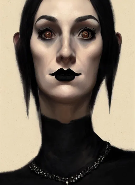 Image similar to portrait of an awkward woman with a crooked nose and a confident expression, 1 9 6 0 s, black clothes, goth, punk, funk, intricate, elegant, highly detailed, digital painting, artstation, concept art, smooth, sharp focus, illustration, art by wlop, mars ravelo and greg rutkowski